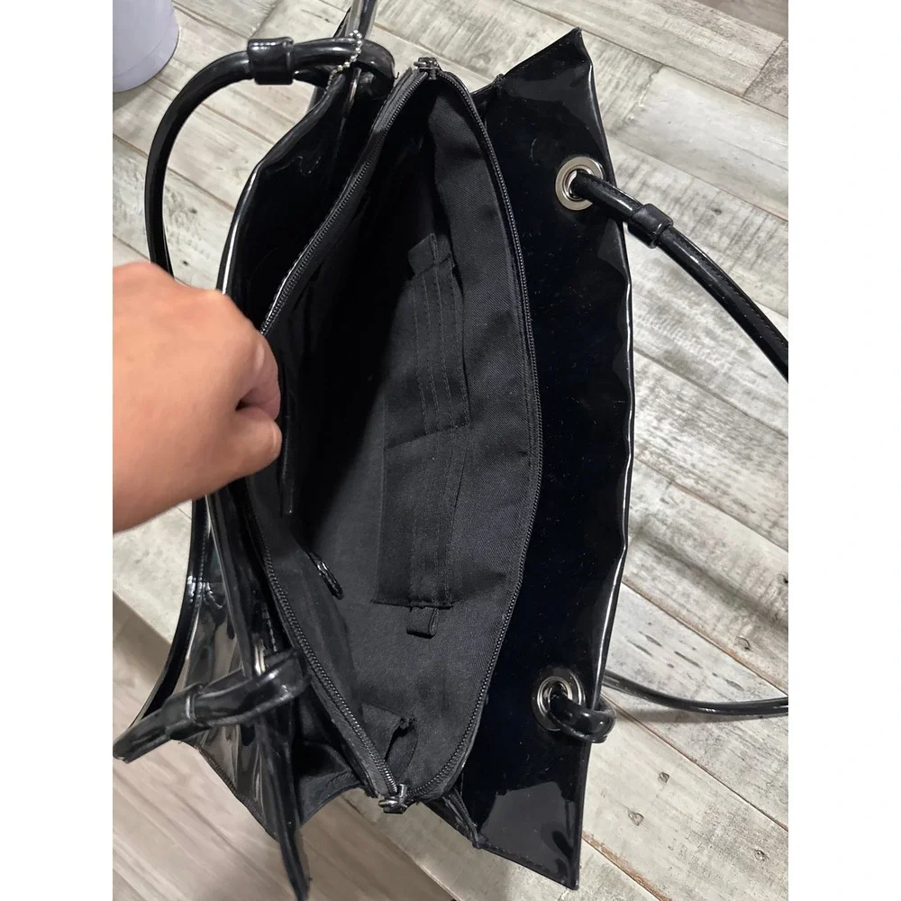 Sag Harbor Black Patent Faux Leather Tote Bag Shoulder Purse Silver Hardware